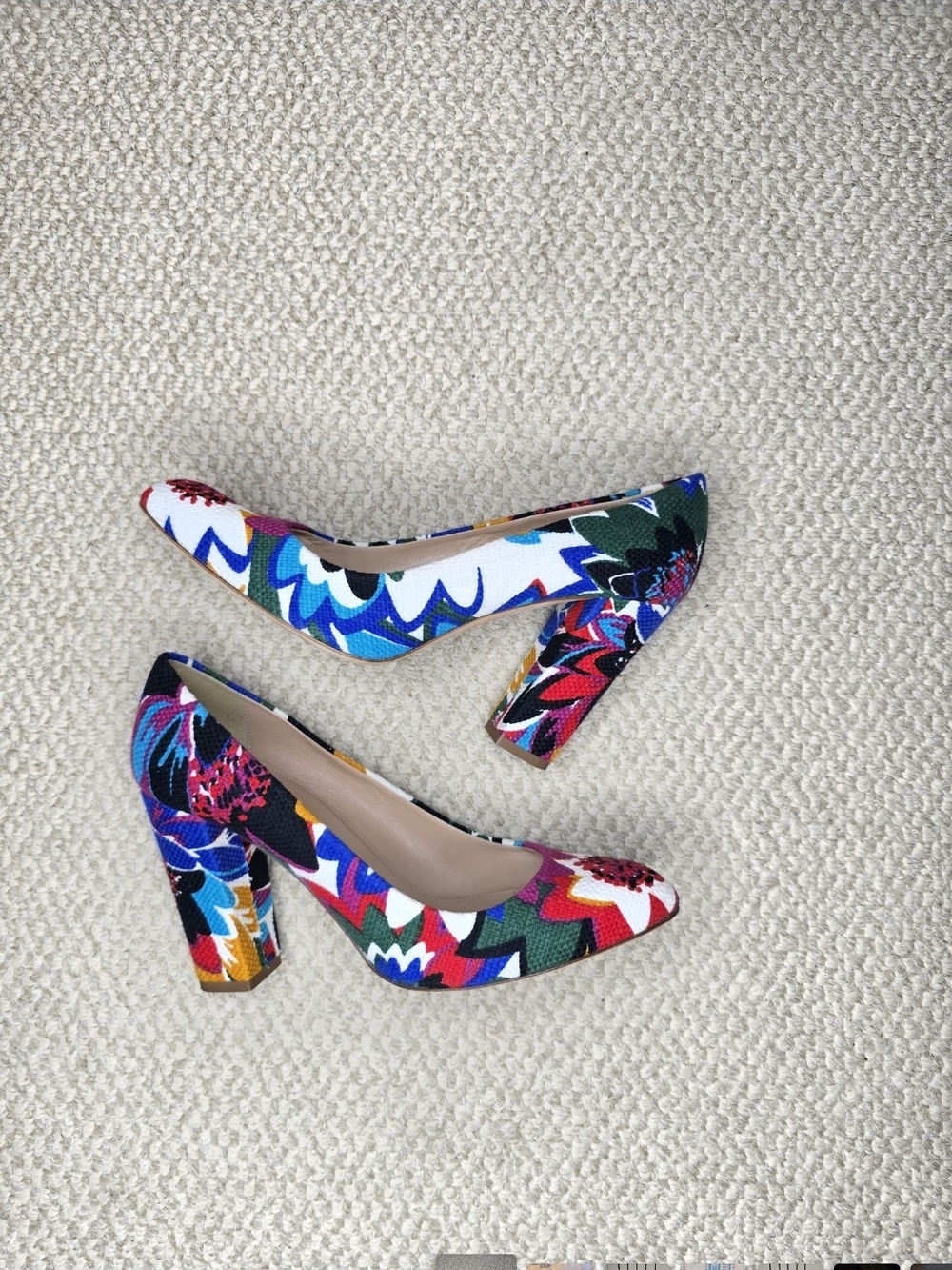 J. Crew Multicolor Floral Block Heel Pumps - White, Blue, Green, Red, Pink